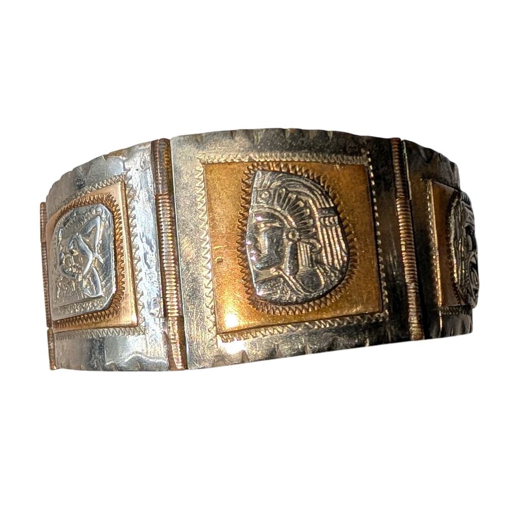 Taxco Sterling Silver Panel Bracelet Mixed Metal Embossed Mexican Artisan 7.5 in - Picture 3 of 14